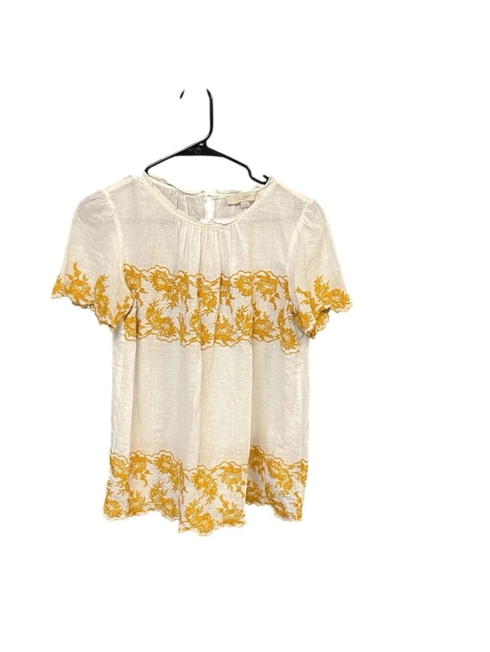LOFT Linen Blend Embroidered Peasant Top Size S Ivory Mustard Floral Boho